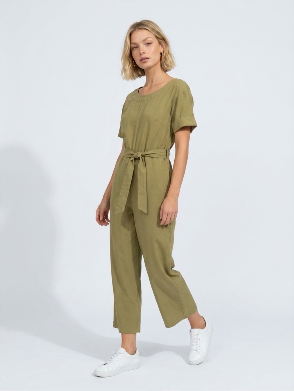 Everlane Olive Short-Sleeve Tie-Waist Jumpsuit